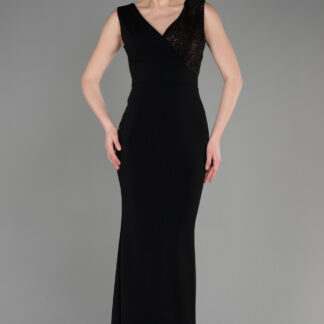 Siyah Uzun Kruvaze Yaka Balık Abiye Elbise ABU1190