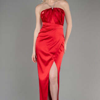 Kırmızı Bacak Dekolteli Uzun Saten Mezuniyet Elbisesi ABU3525