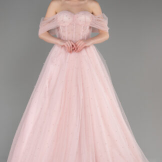 Pudra Kayık Yaka Boncuklu Uzun Özel Tasarım Abiye ABU3599