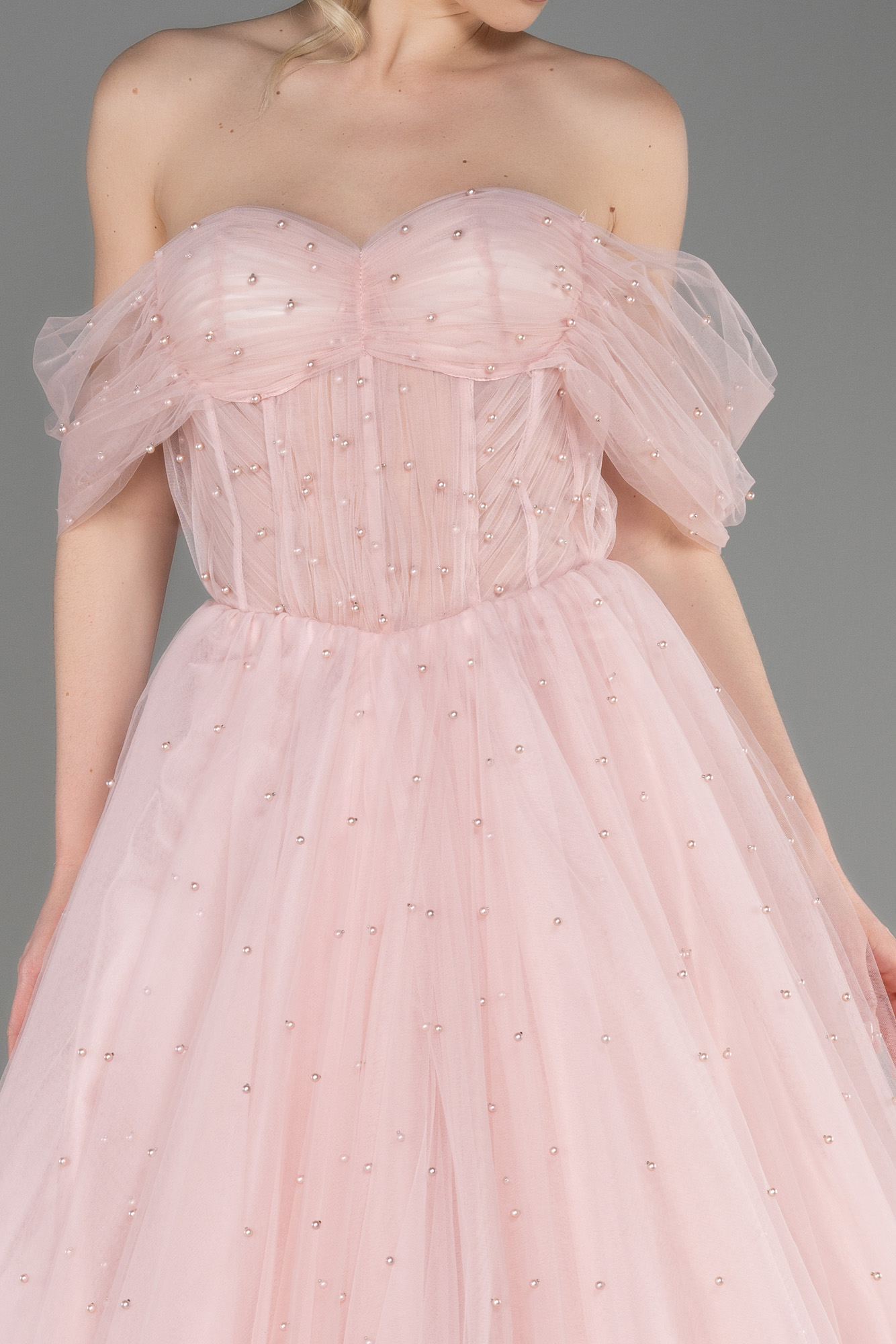 Pudra Kayık Yaka Boncuklu Uzun Özel Tasarım Abiye ABU3599 - Görsel 3