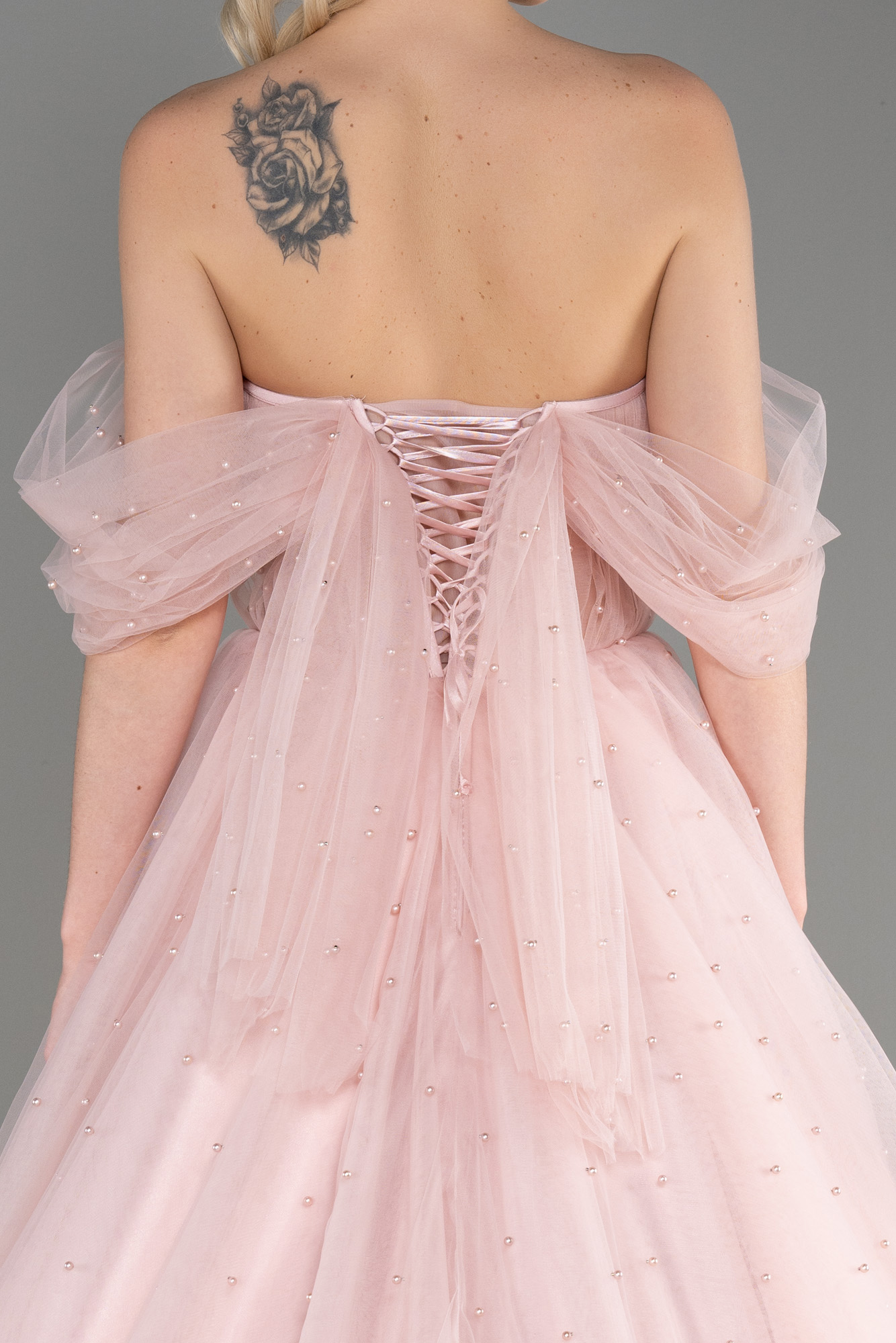 Pudra Kayık Yaka Boncuklu Uzun Özel Tasarım Abiye ABU3599 - Görsel 4