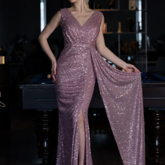 Pudra Kolsuz Kruvaze Yaka Uzun Pullu Abiye ABU3201