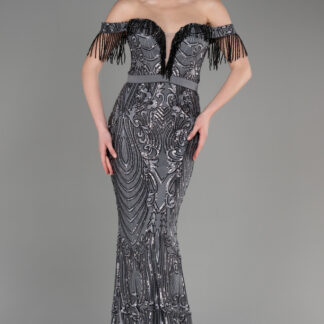 Antrasit Taşlı Kayık Yaka Uzun Pul Payet Abiye ABU3783