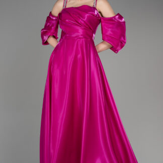 Fuşya Omuz Dekolteli Kısa Kol Uzun Tafta Abiye ABU3826