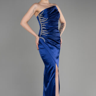 Lacivert Straplez Taş İşleme Yırtmaçlı Uzun Saten Abiye ABU3825