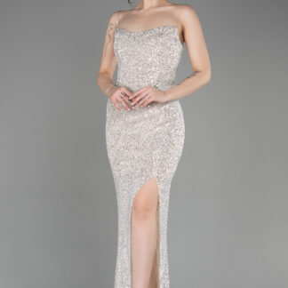 Bej Straplez Bacak Dekolteli Uzun Pullu Balık Abiye ABU3849