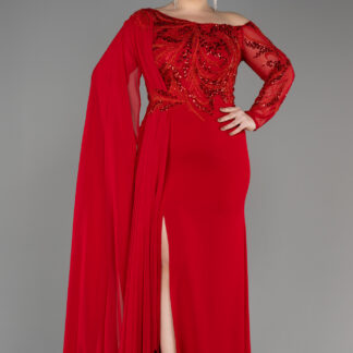 Kırmızı İşlemeli Tek Kol Şallı Büyük Beden Abiye Elbise ABU3512