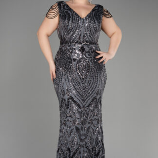 Antrasit V Yaka Uzun Pullu Büyük Beden Abiye Elbise ABU3845