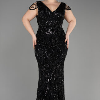 Siyah V Yaka Uzun Pullu Büyük Beden Abiye Elbise ABU3845