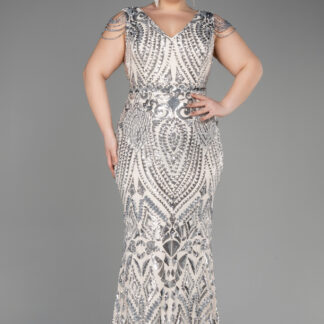 Vizon V Yaka Uzun Pullu Büyük Beden Abiye Elbise ABU3845