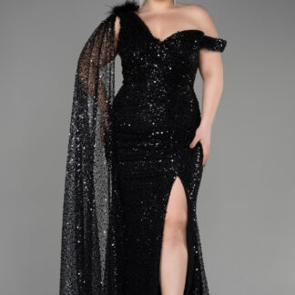 Siyah Şallı Tek Omuz Pullu Büyük Beden Nişan Abiyesi ABU3859