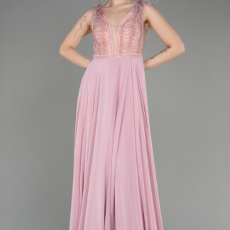 Pudra Üstü İşlemeli Kolsuz Uzun Şifon Abiye ABU3856