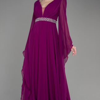 Violet Uzun Şal Kol V Yaka Şifon Abiye Elbise ABU3541