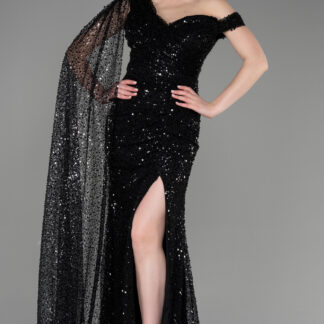 Siyah Şallı Tek Omuz Yırtmaçlı Pullu Nişan Elbisesi ABU3857