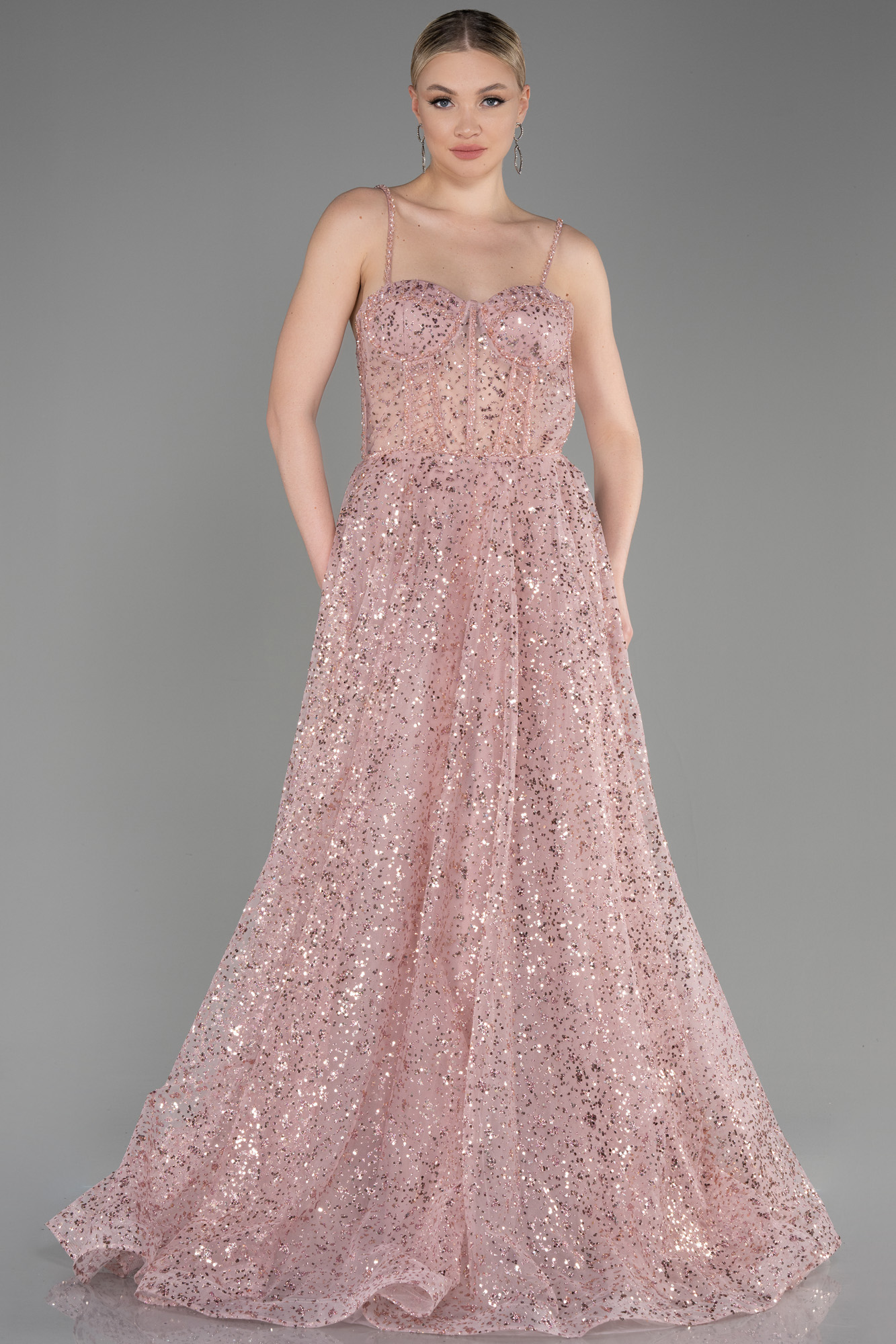 Pudra Prenses Model Simli Uzun Özel Tasarım Abiye ABU3556 - Görsel 5