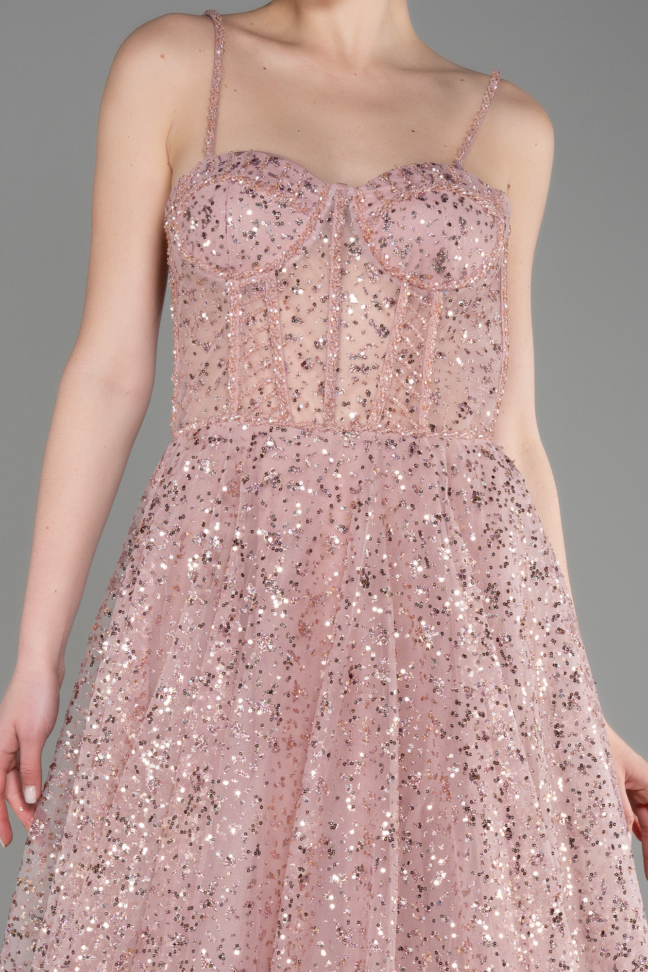 Pudra Prenses Model Simli Uzun Özel Tasarım Abiye ABU3556 - Görsel 4