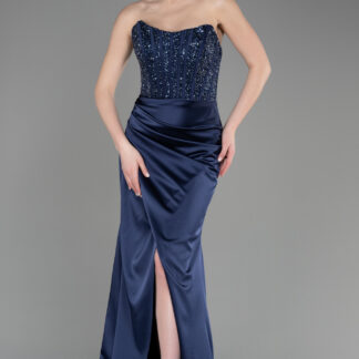 Lacivert Straplez Balen Korse Yırtmaçlı Uzun Saten Abiye ABU3883