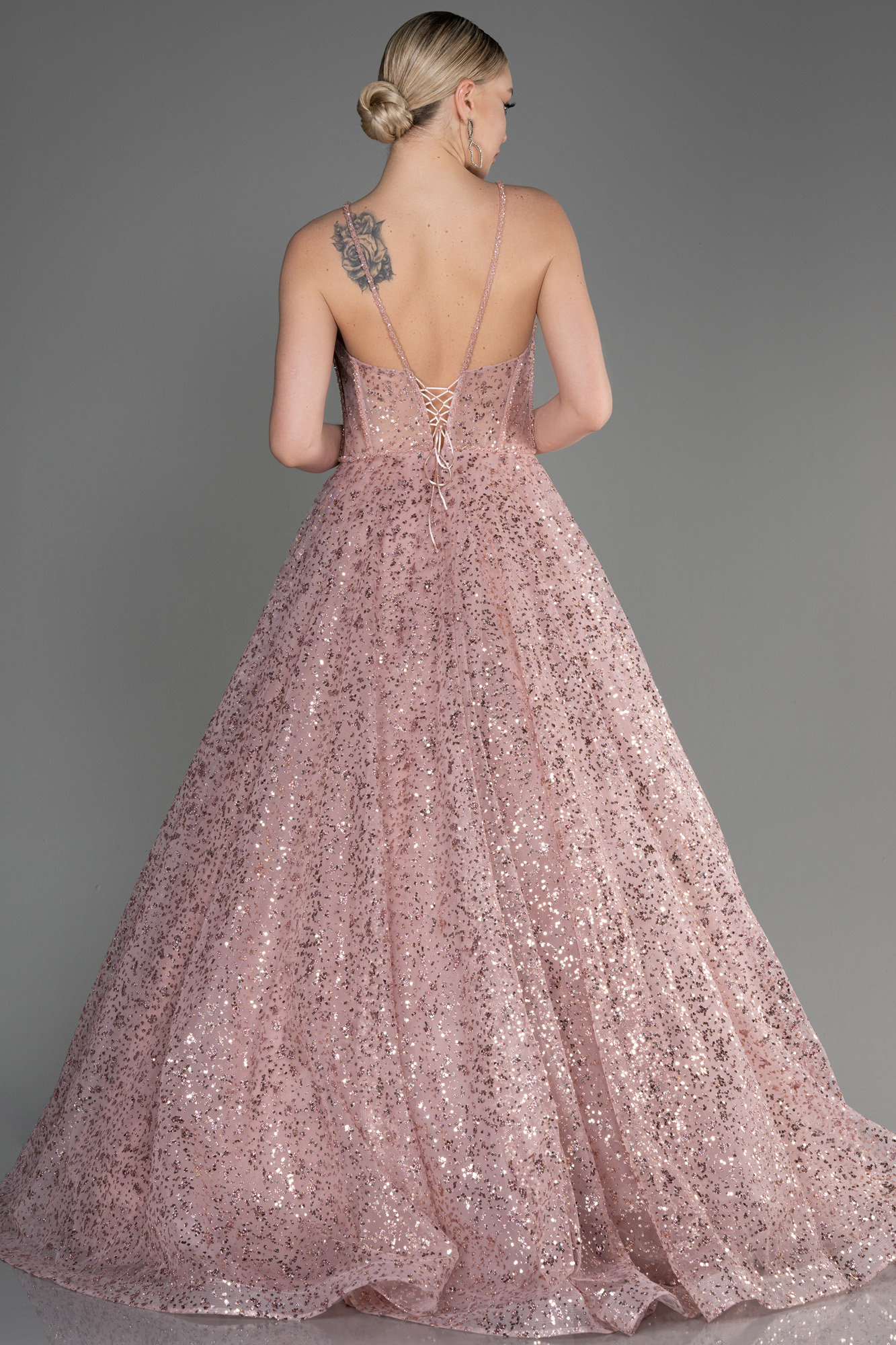 Pudra Prenses Model Simli Uzun Özel Tasarım Abiye ABU3556 - Görsel 2