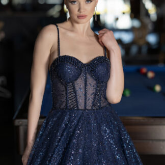 Lacivert Prenses Model Simli Uzun Özel Tasarım Abiye ABU3556