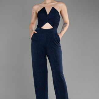 Lacivert Straplez Göbek Dekolteli Uzun Simli Abiye Tulum ABT113