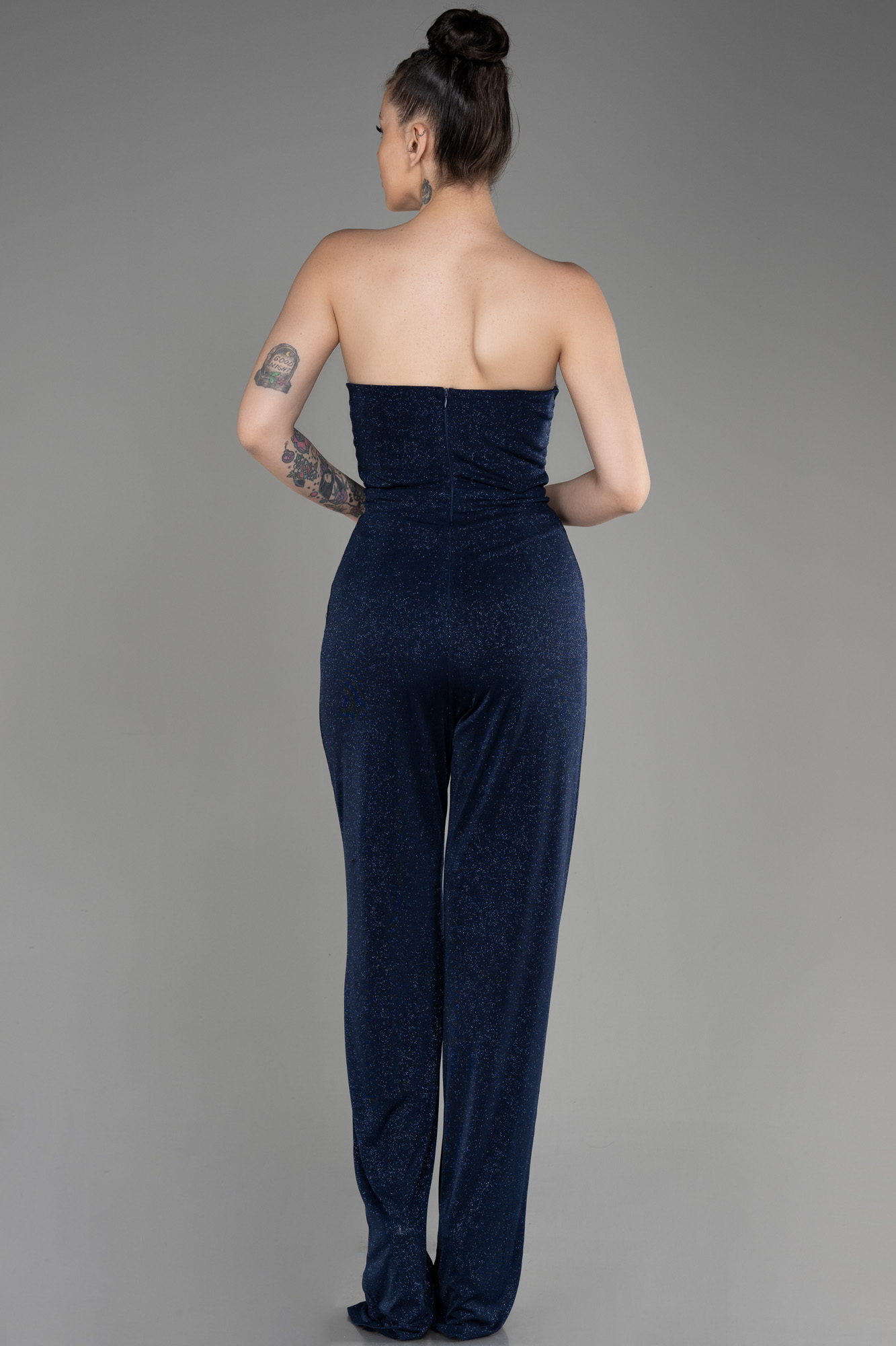 Lacivert Straplez Göbek Dekolteli Uzun Simli Abiye Tulum ABT113 - Görsel 2