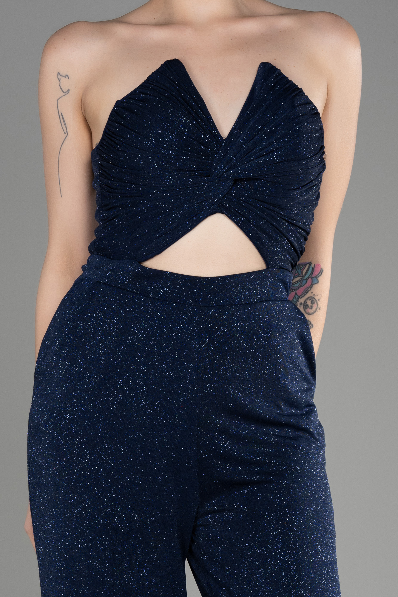 Lacivert Straplez Göbek Dekolteli Uzun Simli Abiye Tulum ABT113 - Görsel 3