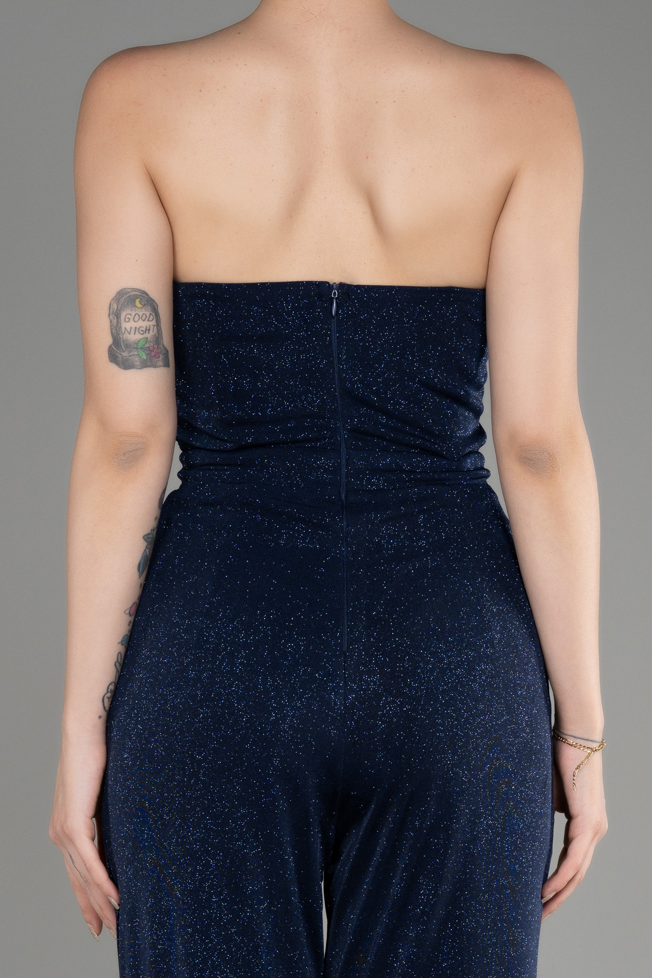 Lacivert Straplez Göbek Dekolteli Uzun Simli Abiye Tulum ABT113 - Görsel 4