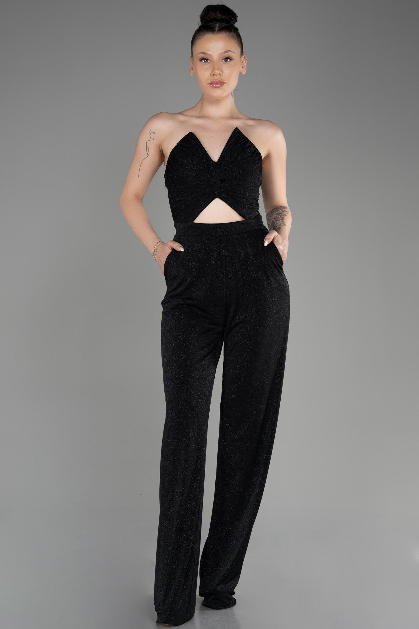 Lacivert Straplez Göbek Dekolteli Uzun Simli Abiye Tulum ABT113 - Görsel 5