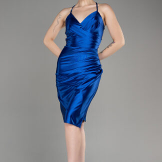 Saks Mavi Sırt Dekolteli Saten Kısa Davet Elbisesi ABK2078