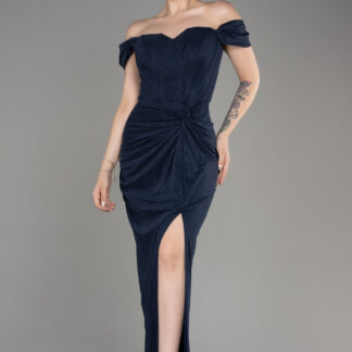 Lacivert Kayık Yaka Balen Korse Uzun Simli Abiye ABU3473