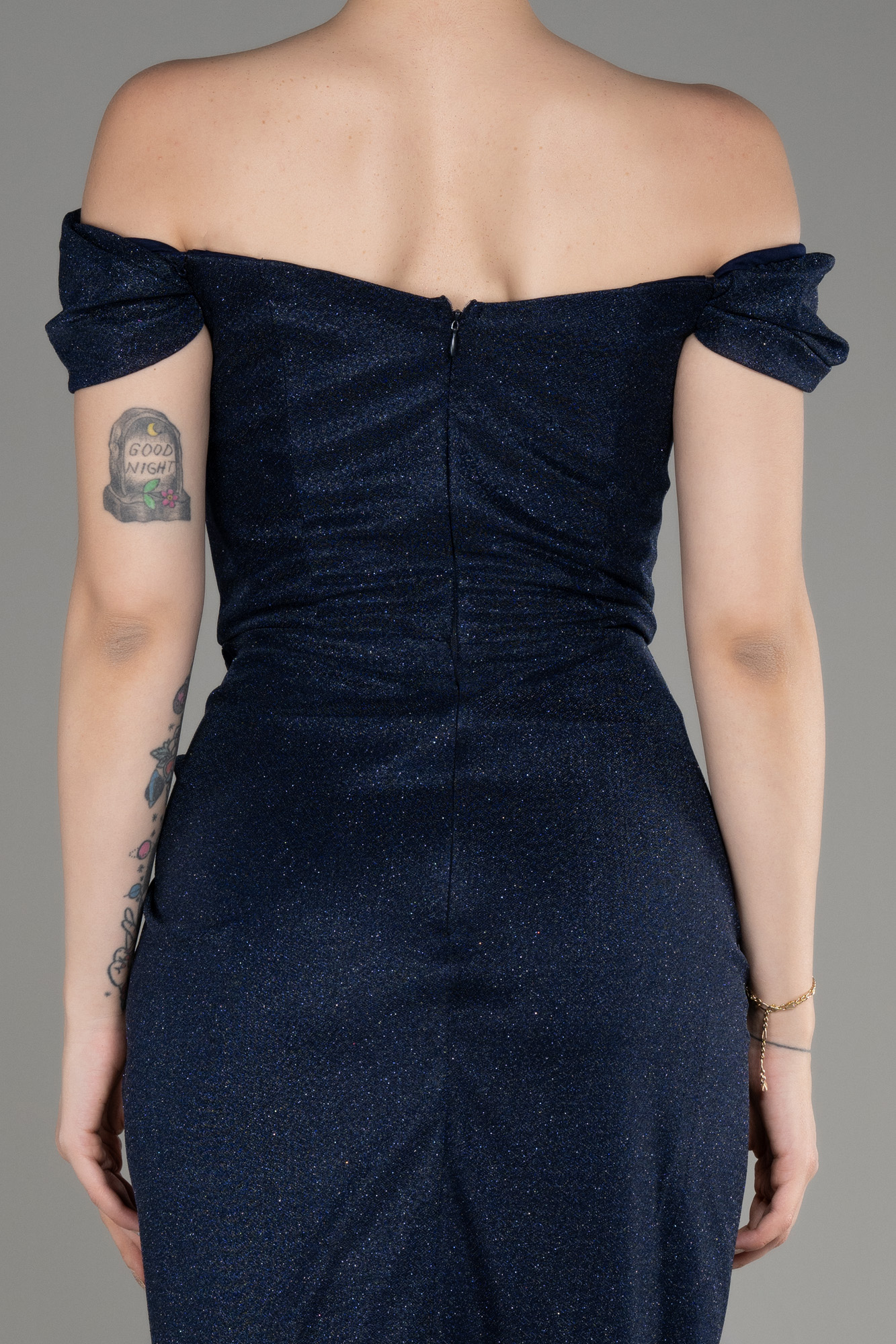 Lacivert Kayık Yaka Balen Korse Uzun Simli Abiye ABU3473 - Görsel 4