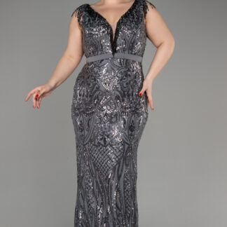 Antrasit Kolsuz Uzun Pulpayet Büyük Beden Nişan Elbisesi ABU5311