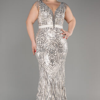 Vizon Kolsuz Uzun Pul Payet Büyük Beden Nişan Elbisesi ABU5311