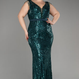 Zümrüt Yeşili Kolsuz Uzun Pul Payet Büyük Beden Abiye ABU5311