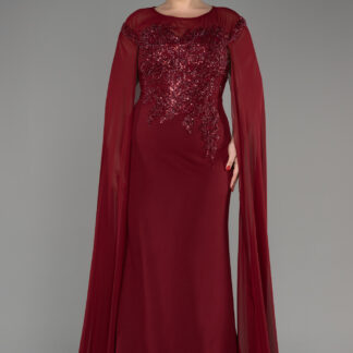 Bordo Şifon Uzun Şal Kol İşlemeli Büyük Beden Abiye ABU3913