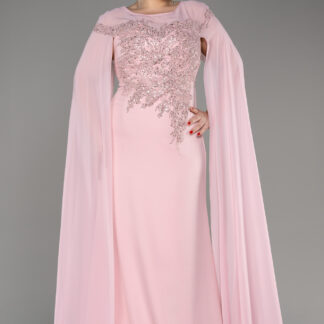 Pudra Şifon Uzun Şal Kol İşlemeli Büyük Beden Abiye ABU3913
