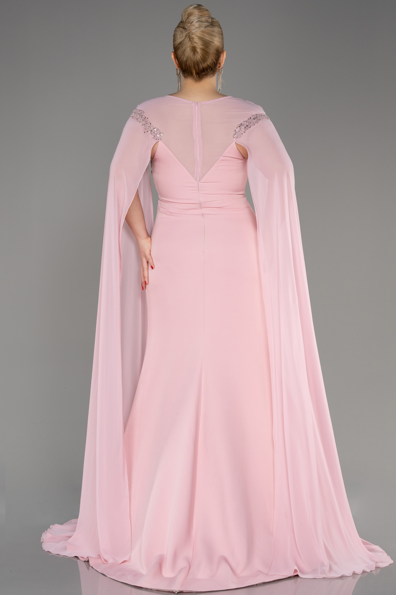 Pudra Şifon Uzun Şal Kol İşlemeli Büyük Beden Abiye ABU3913 - Görsel 2