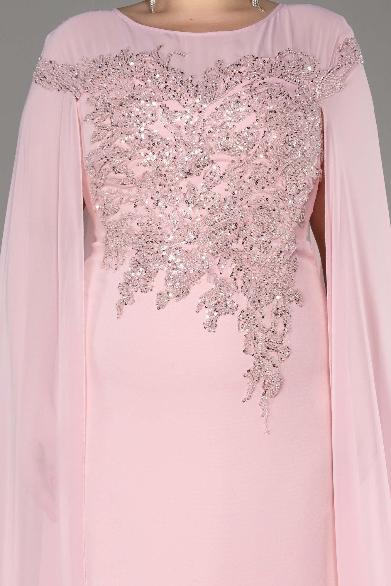 Pudra Şifon Uzun Şal Kol İşlemeli Büyük Beden Abiye ABU3913 - Görsel 3