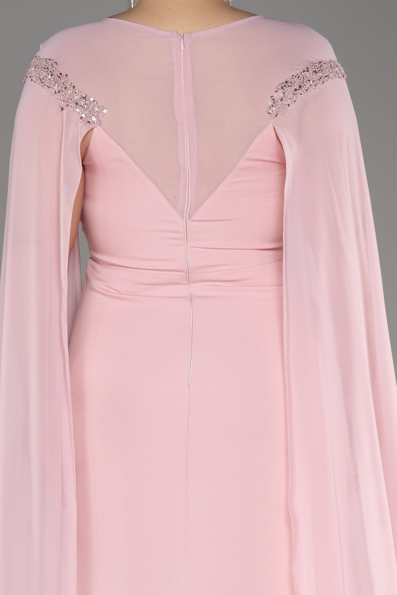 Pudra Şifon Uzun Şal Kol İşlemeli Büyük Beden Abiye ABU3913 - Görsel 4