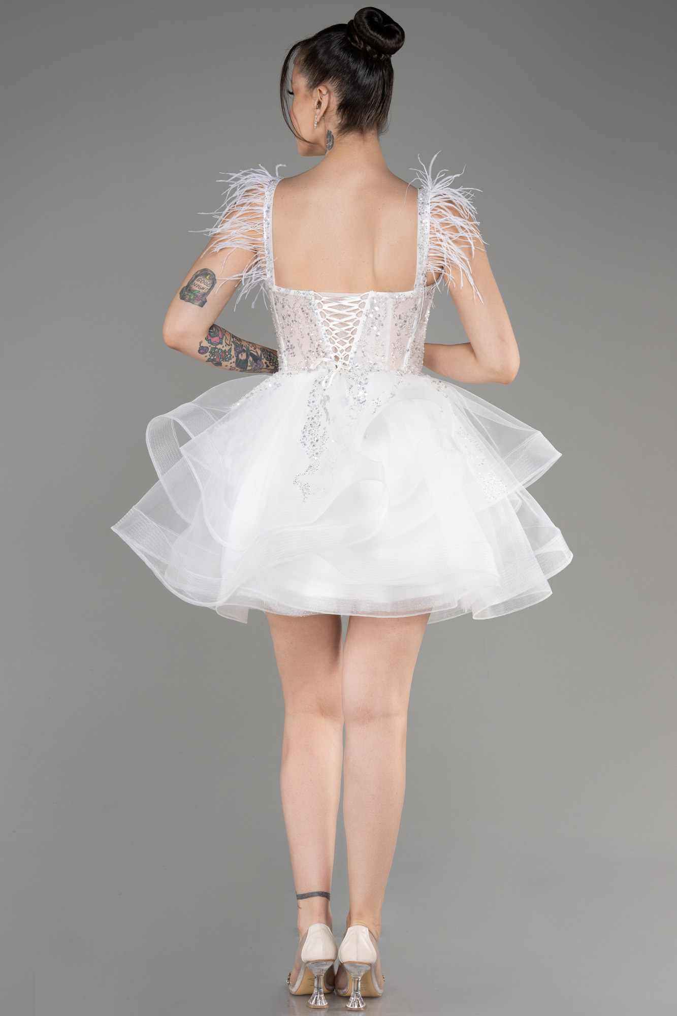 Ekru Üstü İşlemeli Balenli Kısa Nişan Elbisesi ABK2079 - Görsel 2