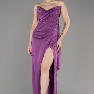 Mor Straplez Bacak Dekolteli Uzun Şifon Abiye ABU3947