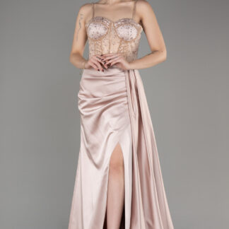 Bej Üstü İşlemeli Bacak Dekolteli Uzun Saten Abiye ABU3875