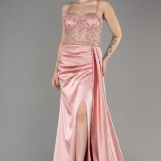 Pudra Üstü İşlemeli Bacak Dekolteli Uzun Saten Abiye ABU3875