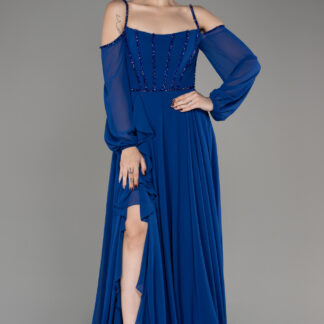 Saks Mavi Omuz Dekolteli Uzun Kol Yırtmaçlı Şifon Abiye ABU3914