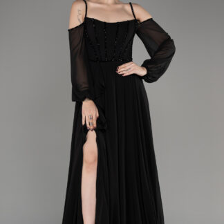 Siyah Omuz Dekolteli Uzun Kol Yırtmaçlı Şifon Abiye ABU3914