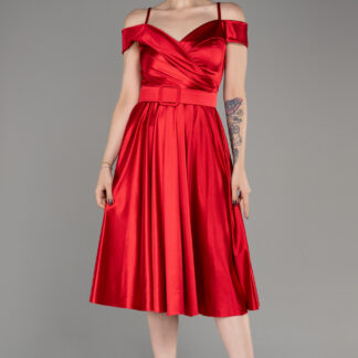Kırmızı Kemerli Midi Saten Davet Elbisesi ABK2080
