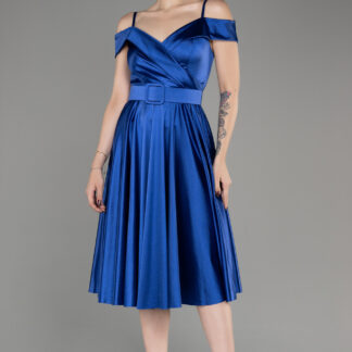 Saks Mavi Kemerli Midi Saten Davet Elbisesi ABK2080