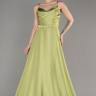 Fıstık Yeşili Uzun İp Askılı Saten Abiye Elbise ABU1601