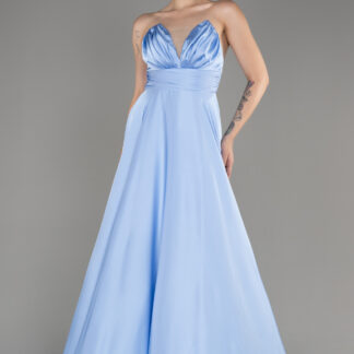 Buz Mavisi Straplez Uzun Saten Abiye Elbise ABU3965