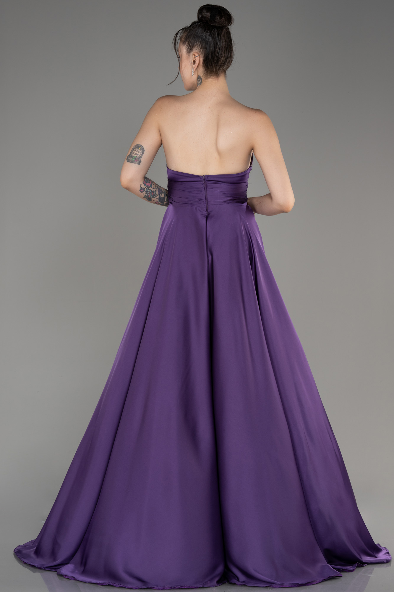 Leylak Straplez Uzun Saten Abiye Elbise ABU3965 - Görsel 2